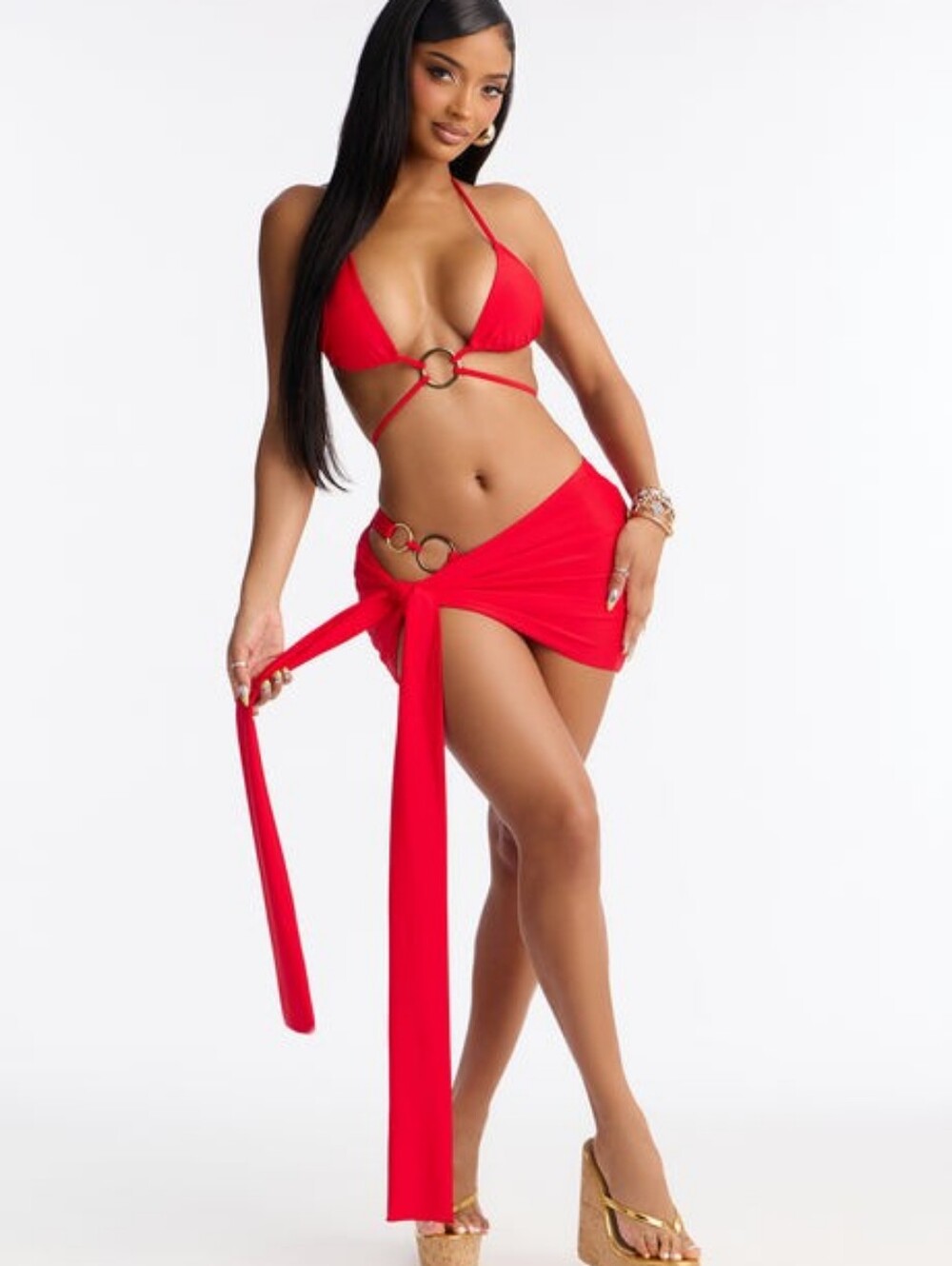3PC Women's XL Red Strappy Bikini Set O-Ring Detail Cover Up Skirt Beachwear